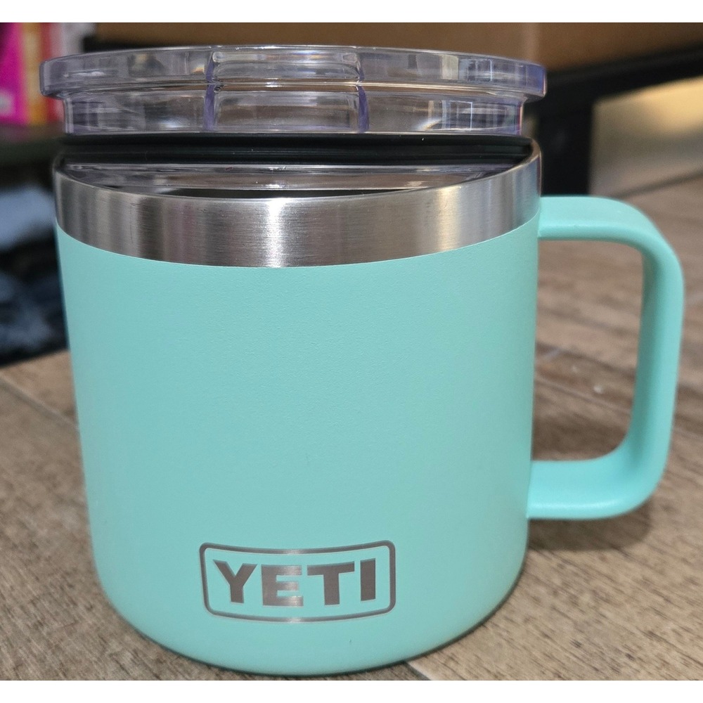 YETI Rambler 14 oz Mug Seafoam Stainless Steel Vacuum Insulated Camp Mug Lid